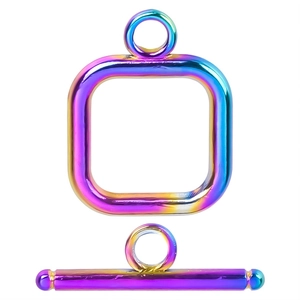 Detailed view of rainbow electroplated stainless steel square OT toggle clasp for jewelry