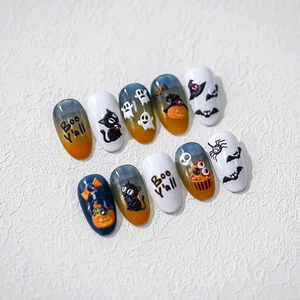 3D Halloween press-on nails set with ghosts, pumpkins and rhinestones decor