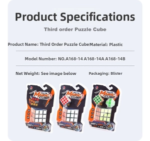 Detailed comparison of three 3x3 magic cubes in blister pack packaging for kids