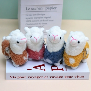 Detailed view of four colorful alpaca plush keychains on a white base for gift decor