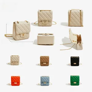 Detailed view of women's mini quilted crossbody bag showing dimensions and six color options