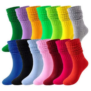 Macro view of high-elastic ribbed knit cotton slouch socks in vibrant solid colors