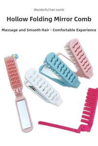 Mini folding hairbrush set with built-in mirror and hollow massage bristles in various colors