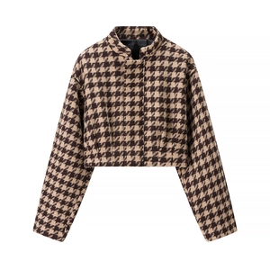 Women's houndstooth jacket in brown and black with stand collar and cropped fit