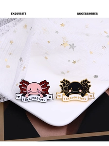 Exquisite enamel pins featuring cute axolotl cartoon designs and I like you a lotl text