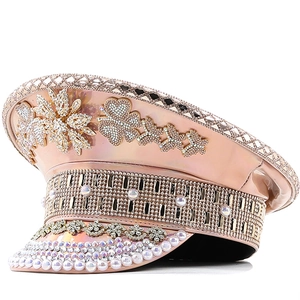 Rhinestone Military Captain Hat Shiny Metallic Patent Leather With Faux Artificial Pearls Butterfly Charms For Party Stage Performance