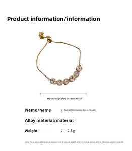 Detailed view of adjustable gold-plated bracelet showing dimensions and weight
