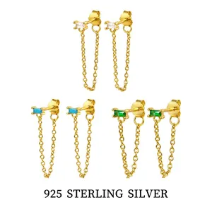 925 Sterling Silver Tassel Stud Earrings Rectangular Cubic Zirconia Geometric Chain Jewelry For Women