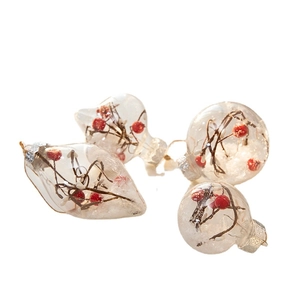 Set di 4 palline di Natale trasparenti con bacche rosse e aghi di pino per decorazione