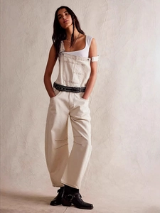 Salopette cargo blanc cassé rétro avec coupe large et texture en denim de toile robuste