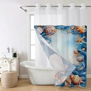 Detail of nautical shower curtain showing starfish prints and metal grommets on a silver rod