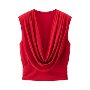 Débardeur Sans Manches Col Bénitier Drapé Épaulettes Coupe Ajustée Rouge Tricoté Élégant Chemisier De Soirée