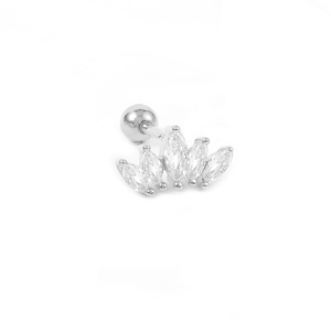 Macro view of crown-shaped S925 silver cartilage stud with marquise-cut marquise stones