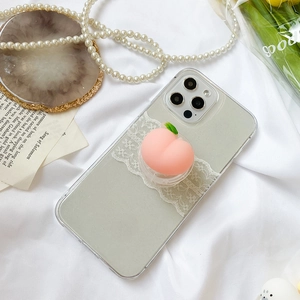 Support 3D pêche rose sur coque transparente avec détails en dentelle blanche