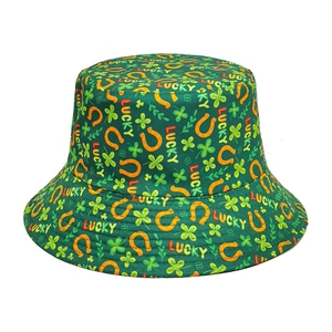 St Patrick's Day Bucket Hat Green Lucky Clover Horseshoe Print Polyester Sun Protection Fisherman Cap Festival Party Wear