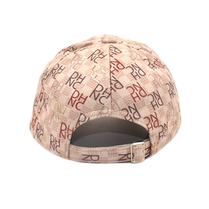 Rear view of letter print baseball cap featuring adjustable metal buckle and fabric texture