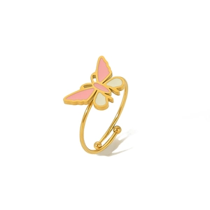 Detail of a gold butterfly open ring with pink and white enamel butterfly decoration