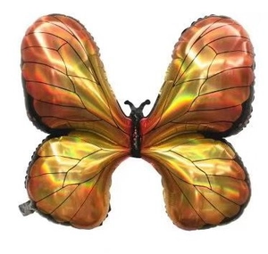 Detailed view of orange and gold butterfly foil balloon with metallic texture for parties