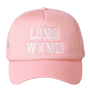 Pink trucker hat with white LONG WKND embroidery and breathable mesh back panel