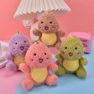 Detail of four colorful plush dinosaur keychains in purple, brown, pink and green tones