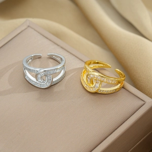 Double Layer Cross Ring Copper With Zircon Adjustable Open Design Light Luxury Fashion Style For Women