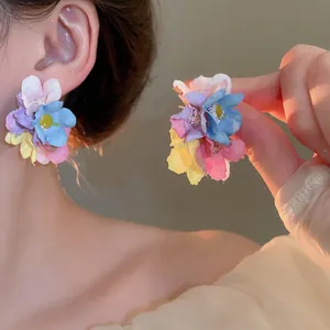 Floral chiffon fabric stud earrings for women featuring colorful multi-layered 3D flower petals