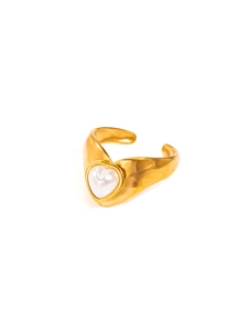 Macro detail of gold adjustable open ring featuring a heart shaped pearl and matte finish