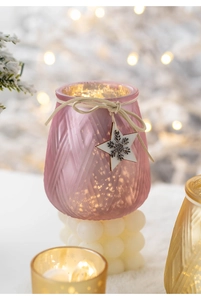 Detailed pink textured glass candle holder with relief pattern, twine bow and star charm