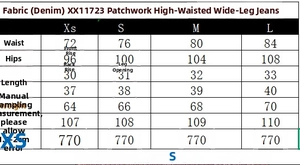 Detailed sizing chart for high waisted lace patchwork straight leg denim wide leg jeans