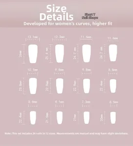 Size chart showing 12 dimensions of long ballet press-on nails for precise fitting