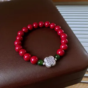 S925 silver flower cinnabar and Hetian jade beaded bracelet in a retro Chinese style