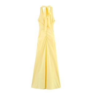 Elegant pale yellow halter neck maxi dress with a sleek satin finish and back bow tie