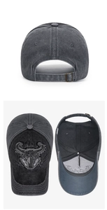Three-view detail of a vintage washed baseball cap with bull skull embroidery and metal buckle