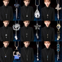 Detailed grid of long sweaters necklaces with floral, butterfly and crystal drop pendants