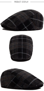 Three-way view of men's vintage grey plaid beret hat with high-quality wool fabric