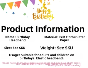 Size and material specifications for Happy Birthday felt headbands with elastic structure