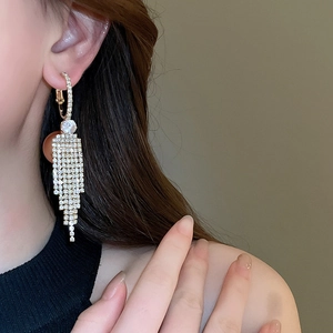 Detail shot of elegant silver tassel earrings with sparkling rhinestones worn by a model