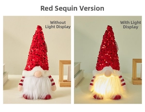 Detail view of red sequin Christmas gnome showing unlit and LED warm glowing states