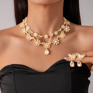Butterfly Flower Necklace And Water Drop Earrings Alloy Rhinestone Faux Artificial Pearl With Silver Earring Post Vintage Women