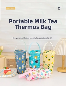 Detail of portable insulated cup sleeves with cute cartoon patterns and fabric handles