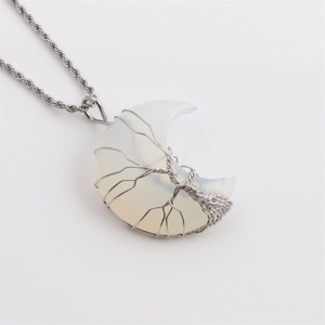 Moon crescent opal pendant with tree of life wire wrap on silver twist chain