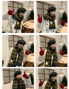 Collage of blue and yellow plaid fringe scarf styled with a beret in a cozy cafe