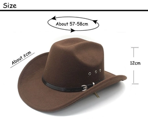 Detailed dimensions of a brown felt cowboy hat with leather band and metal vents