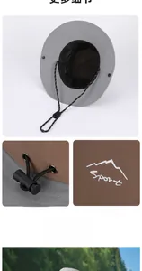 Detail of gray sun hat showing breathable mesh lining and adjustable windproof cord