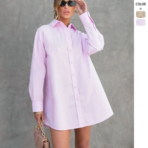 Robe Chemise À Manches Longues Pour Femmes Col À Revers Boutonnage Simple Décontractée Coton Polyester