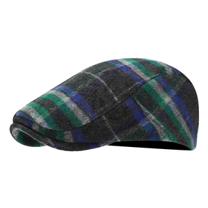 Classic blue and green plaid wool blend flat cap for men and women in retro style