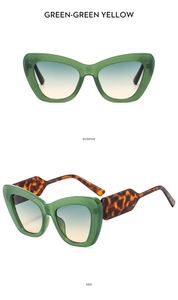 Front and side views of cat eye sunglasses with green frames and gradient lenses