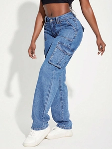 Women's vintage blue straight leg cargo jeans with multi-pockets and a retro aesthetic