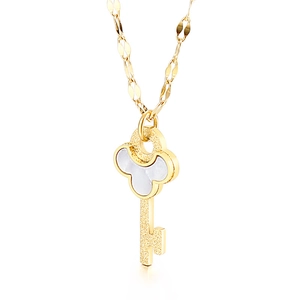 Titanium steel gold key necklace with iridescent shell inlay and twisted rope chain