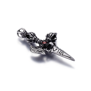 Vintage stainless steel vajra pendant with a red ruby stone inlay for men